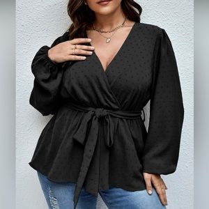 NWT Black Swiss Dot Surplus Neck Belted Blouse 1X